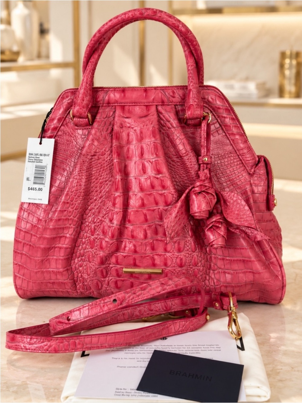 Brahmin Audrey peony Hot Pink Croc-Embossed Satchel with roses Accent